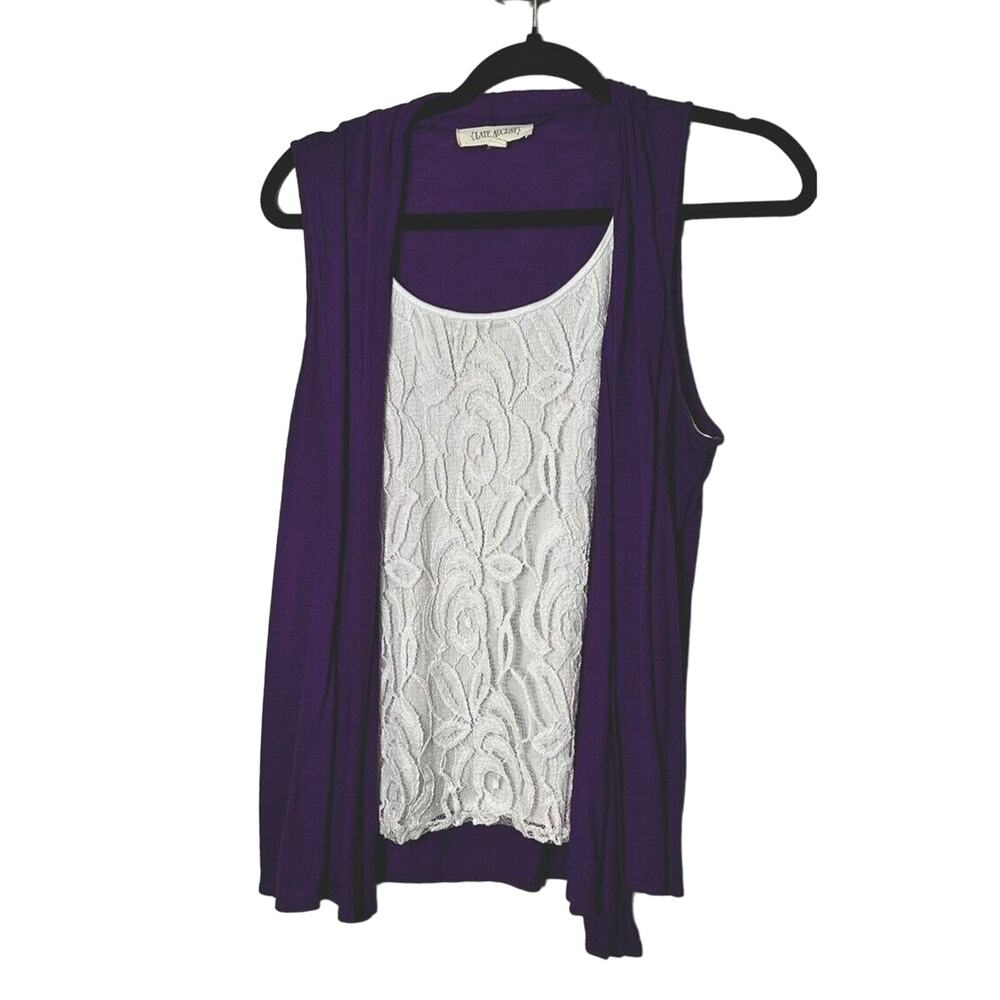 Late August Women’s Purple White Lace Top Open Short Sleeve Size Medium # 815